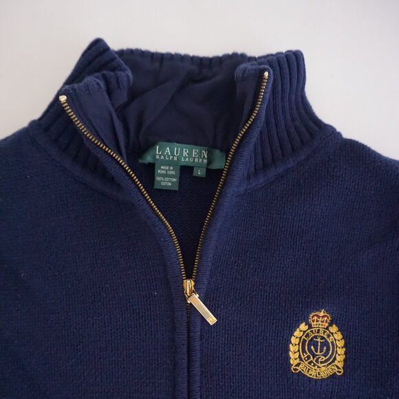 Vintage Ralph Lauren Navy Zip Cotton Sweater Preppy Collegiate Crest Knit L - Picture 8 of 8